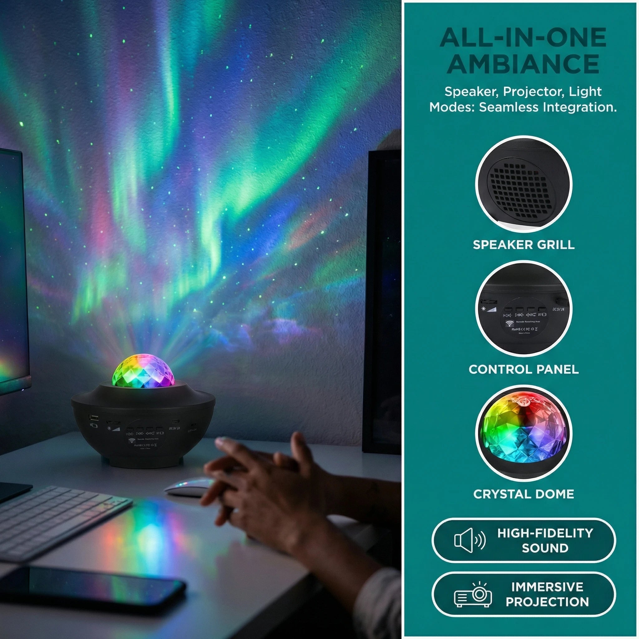 Proyector de Auroras y Galaxias con Altavoz Bluetooth | 16 Efectos de Luz